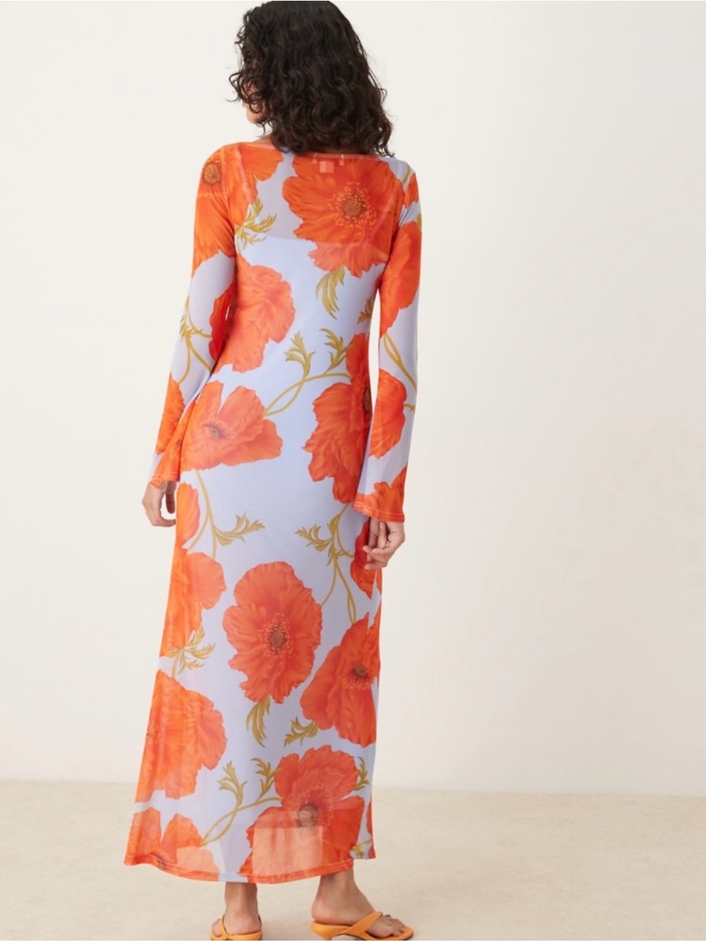 Never Fully Dressed Long Sleeve Dress in Light Blue with Orange Poppy Print - Picture 4 of 5